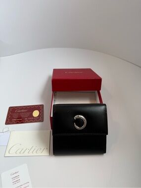 Cartier Panthère Black Leather Bifold Wallet with Silver Panthere Ring Accent